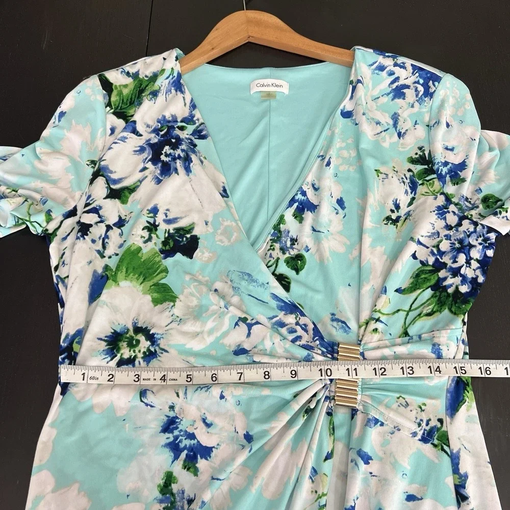 Calvin Klein Floral Long Sleeve Wrap Dress Size 14 V' Neck Botanical Lined *READ
